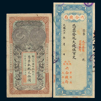 光绪三十年河南安阳县丰乐镇六合钱局大钱伍百文样票一枚；光绪丁未年安徽裕皖官钱局银元票伍圆一枚
