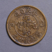 奉天乙巳光绪元宝当二十文黄铜币“细字”、“肥字”版各一枚