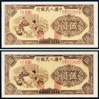 第一版人民币伍圆织布二枚连号