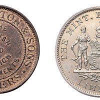 1880年、1889年英国伯明翰造币厂铜质广告章各一枚