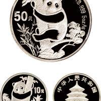 1987年中国人民银行发行中国熊猫金币发行五周年精制纪念银币一组二枚