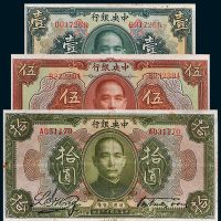 民国十二年（1923年）中央银行壹圆、伍圆、拾圆各一枚