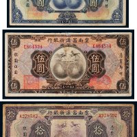 民国十八年（1929年）云南富滇新银行壹圆、伍圆、拾圆各一枚