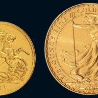 英国金币二枚，1913年1/4盎司马剑、1988年1/2盎司不列颠女神像金币
