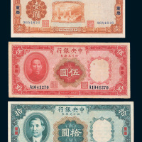 民国二十四年（1935年）中央银行四川兑换券重庆壹圆、伍圆、拾圆各一枚