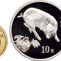 2007年中国人民银行发行丁亥（猪）年生肖纪念普制金银币二枚全：分别为金币重1/10盎司