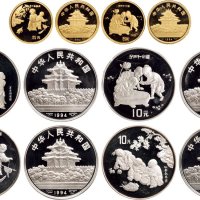 1994年中国人民银行发行中国古代绘画“婴戏图”金银币一组六枚：分别为金币重1/4盎司