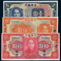 民国十五年（1926年）中央银行福建壹圆、伍圆、拾圆各一枚