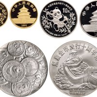1991年中国人民银行发行熊猫金币发行10周年纪念金、银币、章三枚：其中金币重一盎司