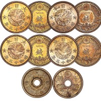 1938昭和十三年一钱四枚及1939昭和十四年十钱一枚，共计五枚