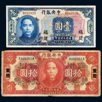 民国十五年（1926年）中央银行福建壹圆、重庆四川兑换券拾圆各一枚