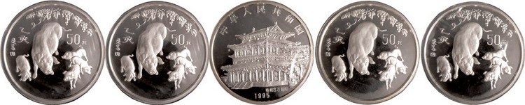 1995年乙亥猪年50元银币一组五枚