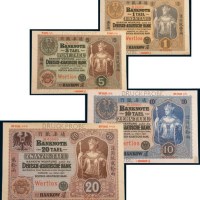 1907年德华银行汉口壹两、伍两、拾两、贰拾两样票各一枚 九五品