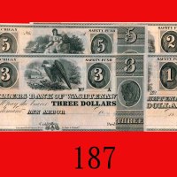 美国纸钞一组四枚： 1 - 5元单面废票(1837-39)。均未使用U.S.A.: Millers Bank of Washtenaw of Michigan, $1, $2, $3 & $5 obs