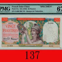 法属安南东方汇理银行贰拾元样票(1949)Vietnam, Banque De Indo-Chine, 20 Piastres Specimen, ND (1949). PMG EPQ 67 Supe