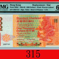 1998年香港渣打银行一仟圆，Z版，极少见之补版年份Standard Chartered Bank, $1000, 1/1/1998 (Ma S48), s/n Z057121. Very rare 