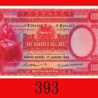 1952年香港上海汇丰银行一百圆。八五新The Hong Kong & Shanghai Banking Corp., $100, 1/8/1952 (Ma H31), s/n F204616. Go