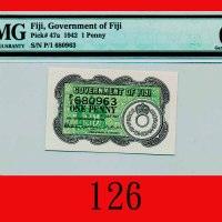 1942年菲济纸钞 1便士Government of Fiji: One Penny, 1942, s/n 680963. PMG EPQ 66 Gem UNC