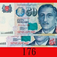 新加坡纸钞 50元，两枚(1999)，一全8、一088888号。均全新Singapore: $50, ND (1999), s/ns IHQ088888 & OJL888888. Both Gem U