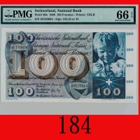 1969年瑞士国家银行 100元Switzerland Nation al Bank, 100 Franken, 1969, s/n 65T03604. PMG EPQ 66 Gem UNC