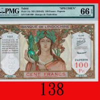 法属大溪地东方汇理银行 100法郎样票(1939-65)Tahiti, Banque De Indo-Chine, 100 Francs Specimen, ND (1939-65). PMG EPQ
