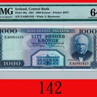 1961年冰岛中央银行 1000元Iceland, Central Bank, 1000 Kronur, 1961, s/n EA8991433. PMG 64 Choice UNC