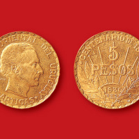 1930年乌拉圭5比索金币二枚
