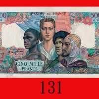 1945年法国银行 5000法郎。右上边微损，左边有针孔，九五成新Banque de France, 5000 Francs, 1945, s/n 0.760 896. Light damage at