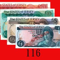 英国纸钞样票一组四枚： 1 - 20镑(1976-80)。均全新Great Britain: set of The States of Jersey Specimens, 1, 5, 10 & 20 