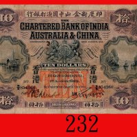 1929年印度新金山中国渣打银行拾员。两面有微污，背左下红戳记，整体极为吸引，七成新The Chartered Bank of India, Australia & China, $10, 1/8/1