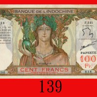 法属大溪地东方汇理银行 100法郎(1939-65)。有数小针孔，八成新Tahiti, Banque De Indo-Chine, 100 Francs, ND (1939-65), s/n F.14