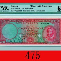 大西洋国海外汇理银行伍拾圆试色样票(1976)Banco Nacional Ultramarino, 50 Patacas Colour Trial Specimen, ND (1976). PMG 