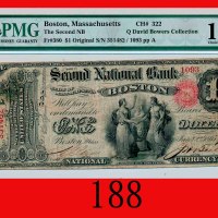 1865年美国纸币 1元，罕品U.S.A.: Second Boston Bank, $1, 1865, s/n 351482/1093 ppA. Very Rare. PMG NET 15 Choi