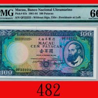 1984年大西洋银行一百圆，全2Banco Nacional Ultramarino, 100 Patacas, 1984, s/n QF22222. PMG EPQ 66 Gem UNC