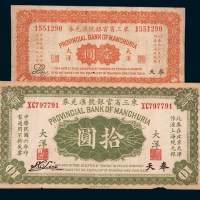 民国六年（1917年）东三省官银号汇兑券奉天壹圆、拾圆各一枚