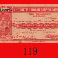 1924年英国北婆罗洲公司 25仙士(单面)。边损有裂孔、污点，六五新The British North Borneo Company, the Treasury, Sandakan, 25 Cent