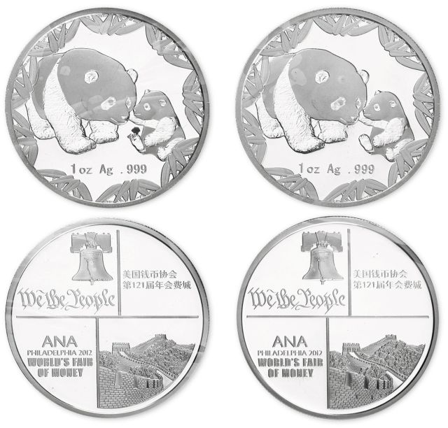 2012年1盎司美国钱币协会第121届年会费城纪念银章二枚，原盒装、附证书NO.1603、NO.1604。均为直径40mm，成色99.9%，发行量10000枚。