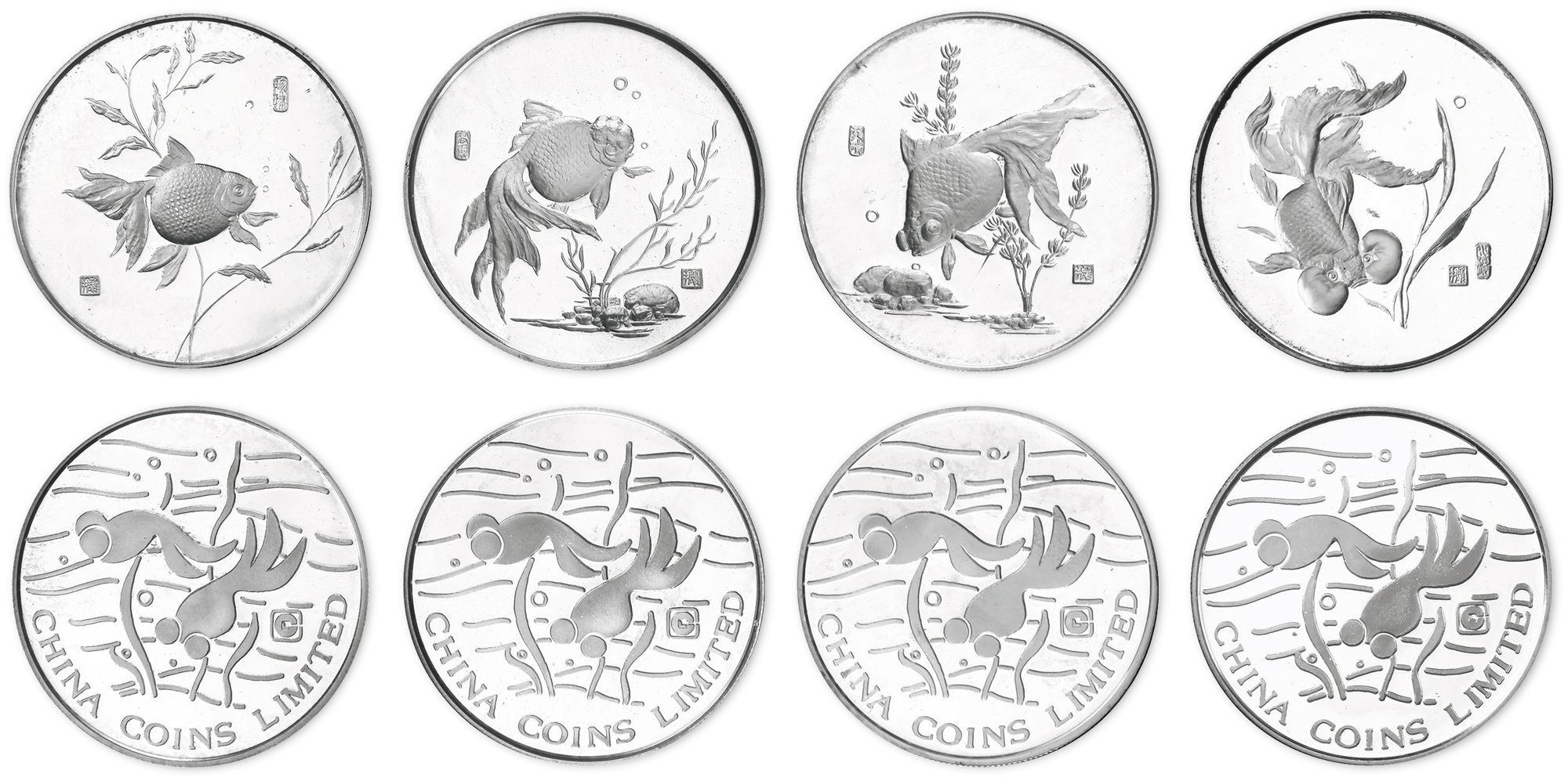 1990年21克中国精装金鱼珍藏纪念银章一套四枚，原装帧、附证书。直径36mm，成色90%，发行量2000套。