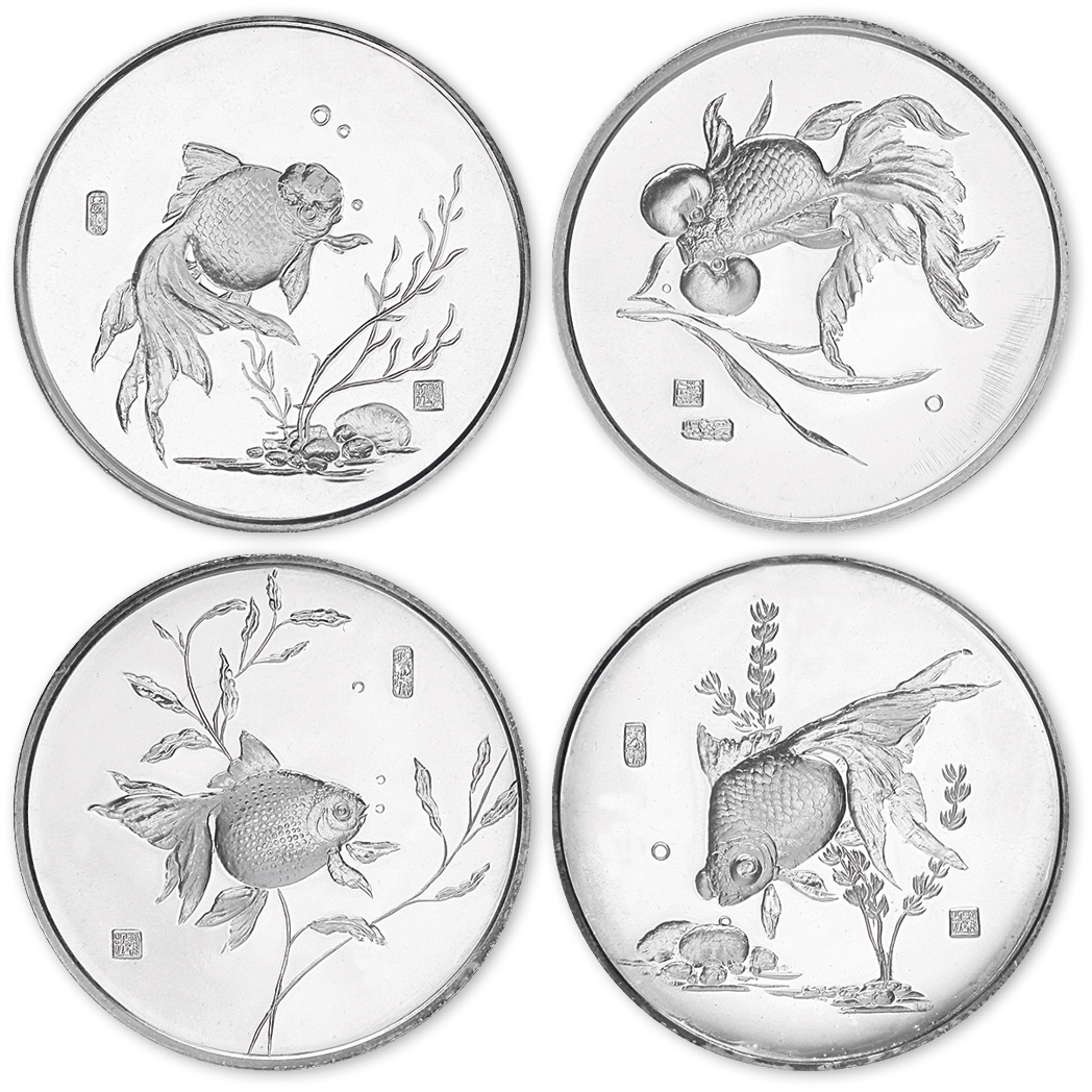 1990年21克中国金鱼纪念银章一套四枚，带盒。均为直径36mm，成色90%，发行量2000套。上海造币厂造。