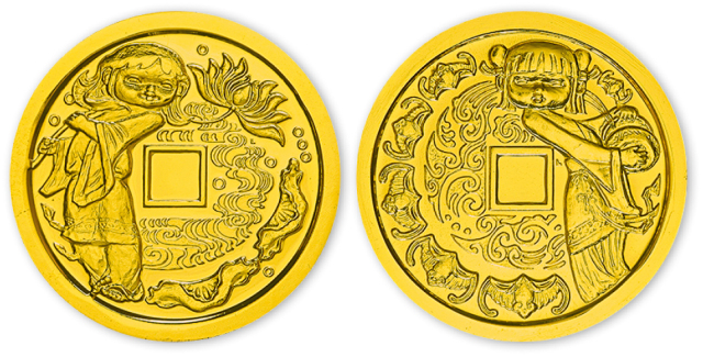 1983年和合二仙纪念铜镀金章一套二枚，带盒、附证书。均为直径33mm。上海造币厂造。