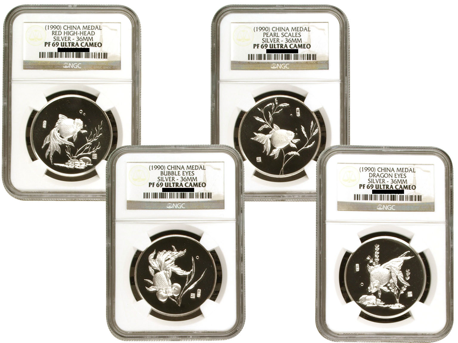 1990年金鱼纪念银章一套4枚，均为NGC PF69 ULTRA CAMEO