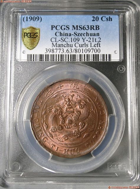 度支部已酉大清铜币二十文中心“川”（PCGS-MS63RB）