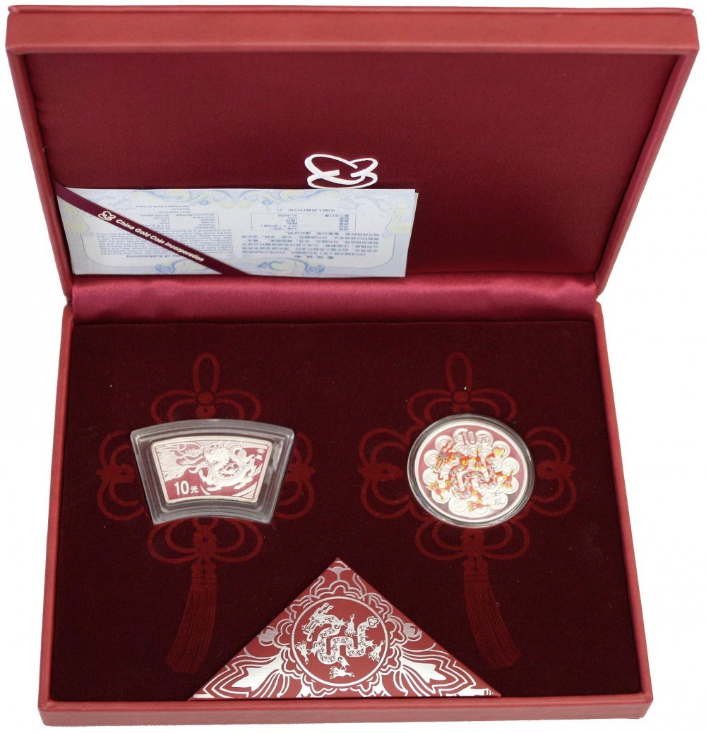  ChinaVolksrepublik seit 1949.Set mit 2 X 10 Yuan Silber (je 1 Unze) 2012 Jahr des Drachen facherfor