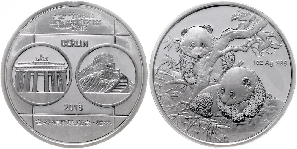  ChinaVolksrepublik seit 1949.Silbermedaille (1 Unze) 2013 2 Pandas am Baumstamm zur World Money Fai
