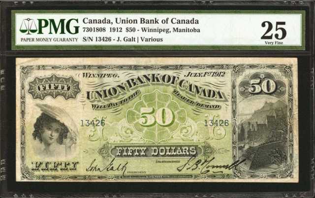 1912加拿大联合银行50元 PMG VF 25