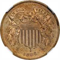 1864 Pattern Two-Cent Piece. Judd-371, Pollock-440. Rarity-6-. Copper-Nickel. Plain Edge. Proof-63 (