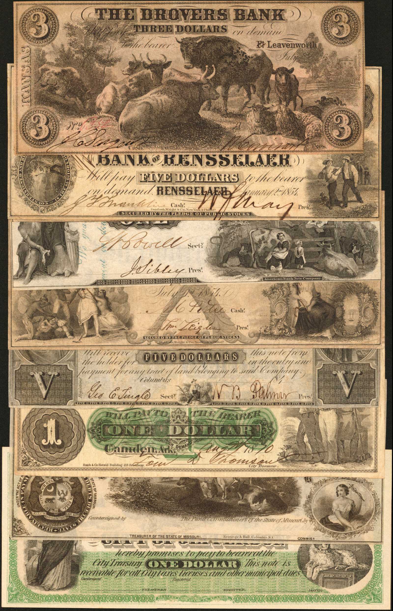 Lot of (9) Obsolete Notes from Arkansas, Indiana, Kansas & Missouri. Fine to Choice Uncirculated.