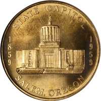 1959 Oregon Statehood Centennial. State Capitol--Salem Dollar. Gilt Bronze. 33 mm. HK-562. Rarity-2.