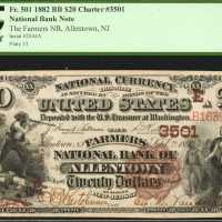Allentown, New Jersey. $20 1882 Brown Back. Fr. 501. The Farmers NB. Charter #3501. PCGS Very Fine 3