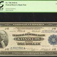 Fr. 738. 1918 $1 Federal Reserve Bank Note. Kansas City. PCGS Gem New 65.